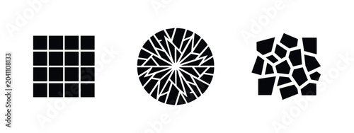 Foto Abstract black and white geometric design elements including a square grid, a shattered radial circle, and an irregular polygonal mosaic pattern