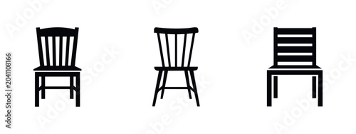 Obraz na plátně Minimalist vector illustration featuring three diverse wooden chair silhouettes in black, isolated on white for furniture and design projects