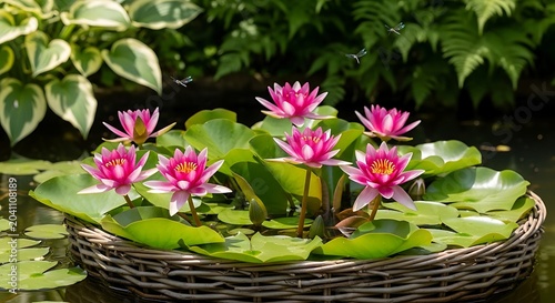 Vibrant Pink Water Lilies Blooming in Wicker Pond Basket
