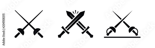 Quadro su tela Set of three black crossed sword icons on a white background, representing fencing, dueling, and combat sports in a minimalist vector style