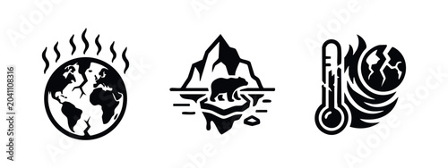 Εκτύπωση καμβά Minimalist icons depicting climate change: global warming, melting ice caps with a polar bear, and rising extreme global temperatures