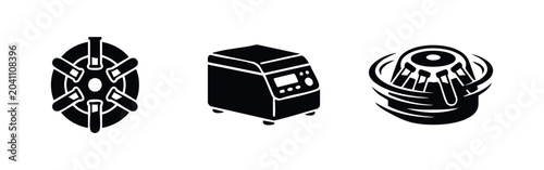 Fotografie Set of minimalist black and white icons representing laboratory centrifuge machines and rotating test tubes for medical and scientific research