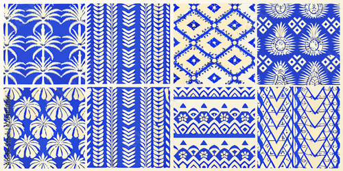Konstfotografi Set Of Four Tropical Folk Art Patterns In Blue And White Repeating Designs