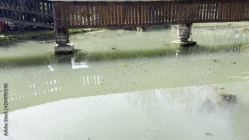 Wooden pedestrian bridge over a murky green pond in a park