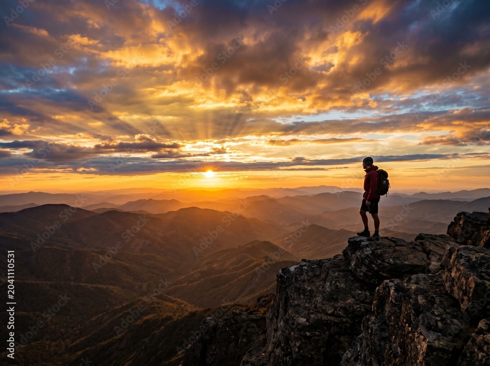 Obraz premium Hiker standing on mountain peak at sunset with breathtaking view