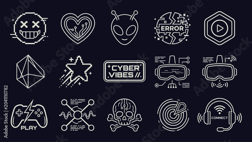 Canvas-taulu cyber icons set line art alien error