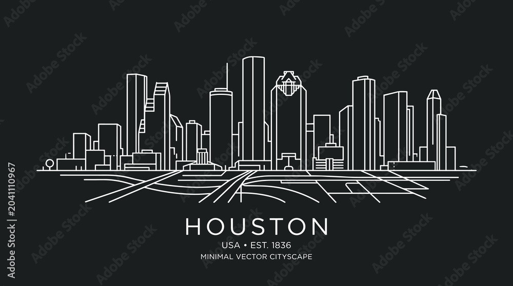 Fototapeta premium Houston Downtown Monoline Skyline Vector Illustration with Geometric Street Perspective