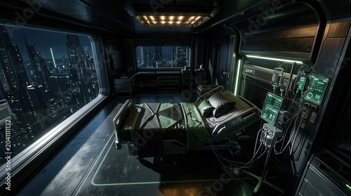 Futuristic Hospital Room Displaying Advanced Medical Technology in a Modern Cityscape