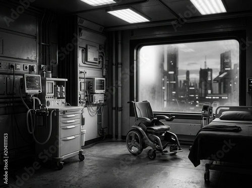 Futuristic Hospital Room With Wheelchair Offers Glimpse Of Dystopian Skyline