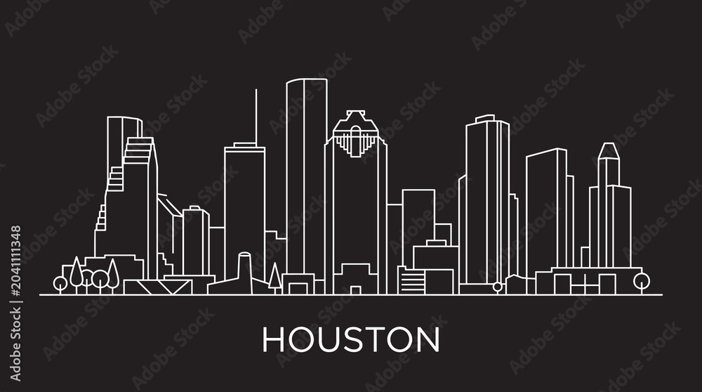 Fototapeta premium Black Houston Texas Skyline Line Art, Minimal Downtown Cityscape Vector Illustration