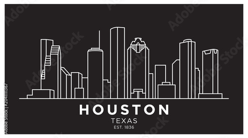 Black Houston Texas Skyline Outline Icon, Minimal Modern Cityscape Vector Illustration