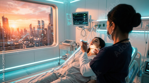 Futuristic Hospital Scene With Patient And Doctor, Showing Modern Medical Technology