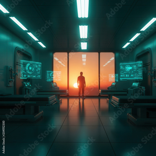 Futuristic Interior Design Featuring Silhouette Person Watching Glorious Sunset Through Window