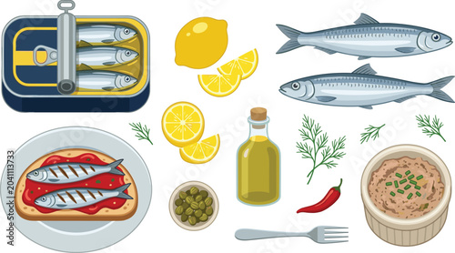 Tablou pe pânză Sardine and Mediterranean Cuisine Vector Illustration Featuring Tin, Whole Fish,
