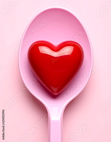 Close-up of a glossy red heart resting in a pink plastic spoon against a matching pink backdrop. The image emphasizes love and simplicity