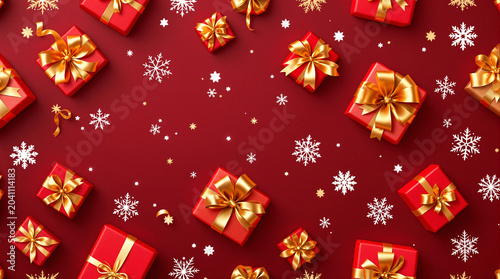 Christmas Gifts and Snowflakes on Red Background