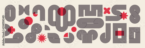 Minimal shapes. Abstract organic art, line geometric logo elements or circle wave curve poster. Labyrinth forms with red minimalist ornament icons. Vector isolated contemporary design set