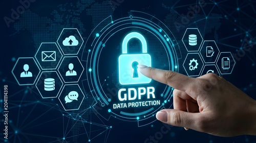 GDPR Data Protection and Privacy Security Concept with Finger Touching Digital Lock Interface