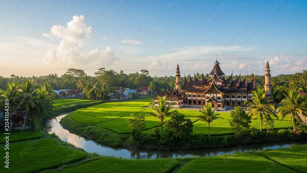 Obraz premium Traditional Indonesian Village Mosque Amidst Lush Green Rice Fields and Tropical Palms
