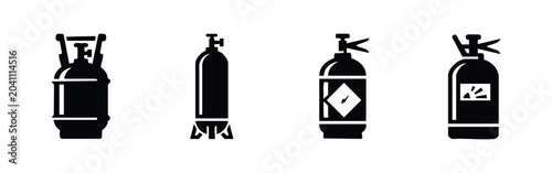 Gas cylinders and fire extinguisher icons set. Pressurized tanks for various industrial and safety uses.