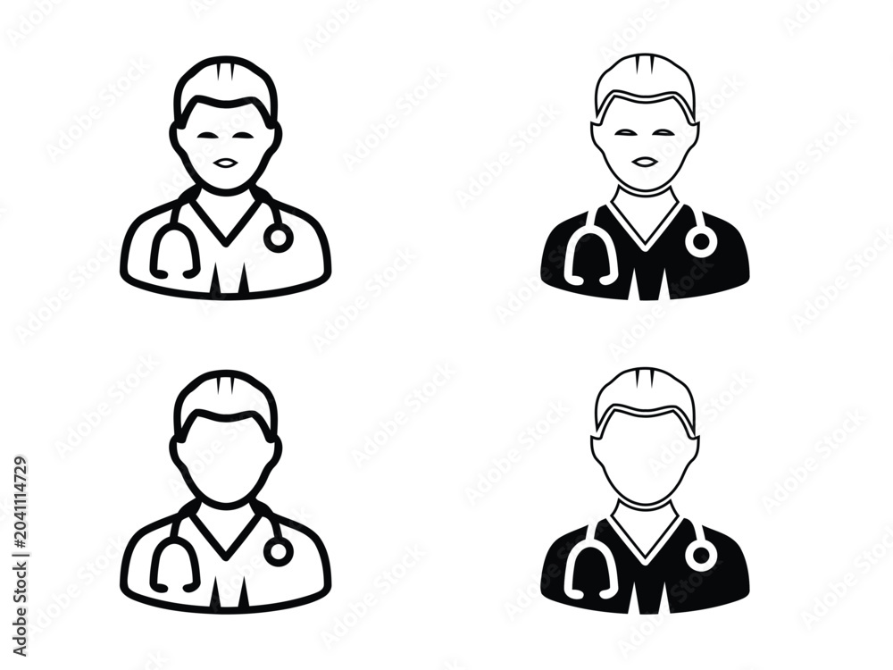 Fototapeta premium Vector doctor icon set. Black and white line art and solid silhouette style illustrations of a male medical professional, surgeon, or nurse avatar with a stethoscope around the neck.