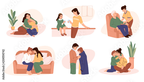 Couple support. Sad friends empathy, family hug and talk or child care. Parents help for kids relationships. Adult sympathy and love. People emotional vector cartoon isolated illustration