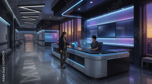 Futuristic Office Reception With Two Persons Interacting, Modern Design and Lighting