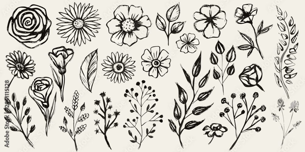 Naklejka premium hand drawn botanical illustrations in black and white hand drawn flowers leaves plants