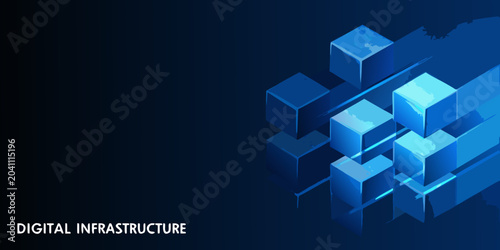 Photos floating blue cubes in dynamic arrangement on dark background three dimensional