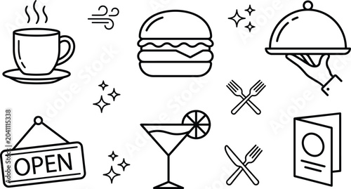 Foto Restaurant cafe and food service line icon set with hamburger coffee cup cloche