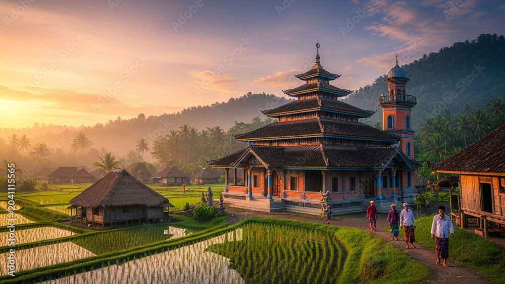 Naklejka premium Traditional mosque and rice fields at sunrise, Bali, Indonesia