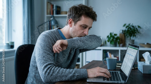 Man Covers Cough While Working On Laptop, Shows Health Awareness And Preventive Measures