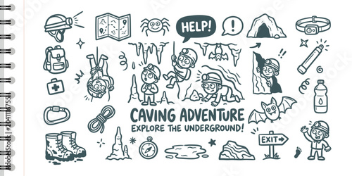 Εκτύπωση καμβά Speleology and caving adventure doodle set with cartoon explorers equipment and