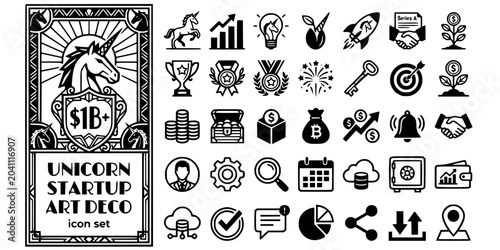 Photos Unicorn Startup Art Deco Black White-Horn Sunburst Billion Crest Border-Achievem
