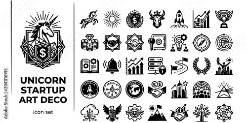 Photos Unicorn Startup Art Deco Black White-Horn Sunburst Billion Crest Border-Achievem