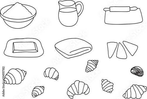 Quadro su tela Doodle croissant linear icons for receipt book and children cookbook