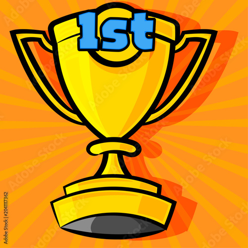 1st place trophy in a cartoon style with a pop art style starburst background