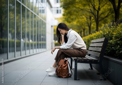 A contemplative young Asian woman, her expression conveying a sense of introspection and perhaps sadness, rests on an outdoor bench beside a reflective building, her backpack at her feet