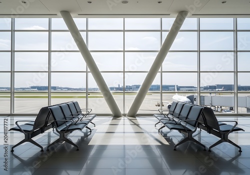 Expansive glass atrium at a contemporary transportation hub showcases symmetrical rows of unoccupied seating arrangements bathed in abundant natural daylight, offering views of aircraft