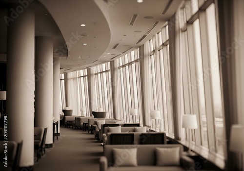 Luxurious contemporary lounge area bathed in soft, diffused light streaming through expansive floor-to-ceiling windows, creating a serene ambiance for relaxation and sophisticated social
