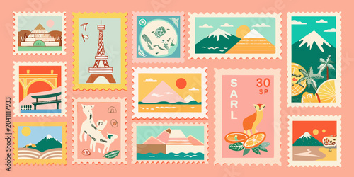 collection of colorful retro style travel stamps on pink background postage illustration