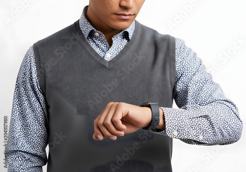 A sharply dressed man wearing a patterned collared shirt and a grey V-neck sweater vest checks the time on his wrist wearable device, presenting a portrait of sophisticated punctuality