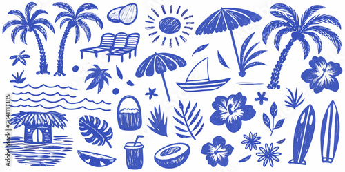 Schilderij op canvas tropical beach elements in blue line art style on white background palm