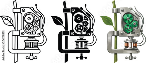 Bild auf Leinwand Bio-mechanical device with intricate gears clamping a plant stem presented as a