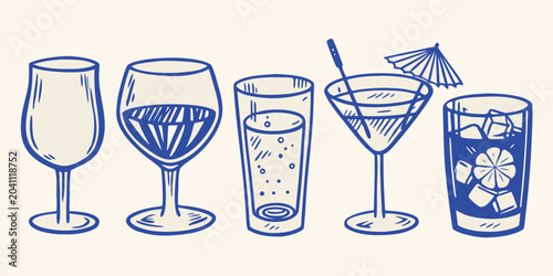 set of five hand drawn cocktail glasses in blue line art illustration