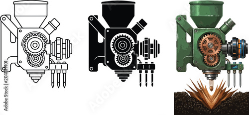 Photos Agricultural seed planter machine vector illustration set featuring line art sil
