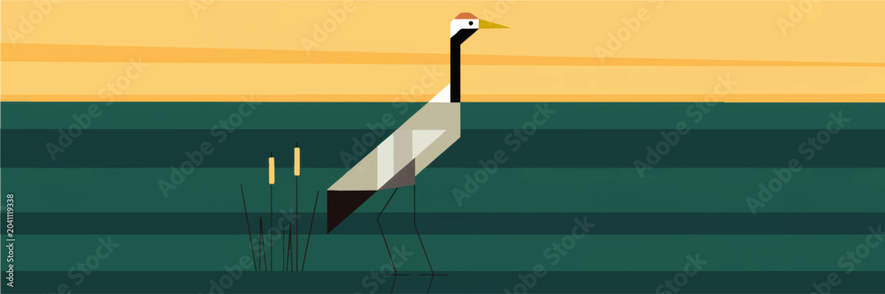 Obraz premium Minimalist geometric crane bird illustration in teal wetland lake at sunset, modern flat vector wildlife art background
