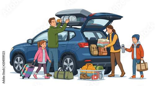 Foto Family packing car for seasonal change travel adventure with luggage and roof bo