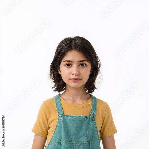Confident young girl with short dark hair in green overalls and yellow shirt looking at camera on white background
