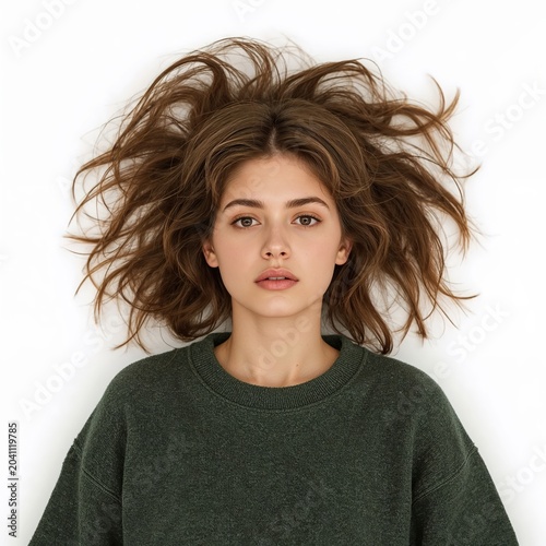 Young woman with loose wavy hair in casual green sweater lying on white background, natural beauty, relaxed expression, minimalist style portrait